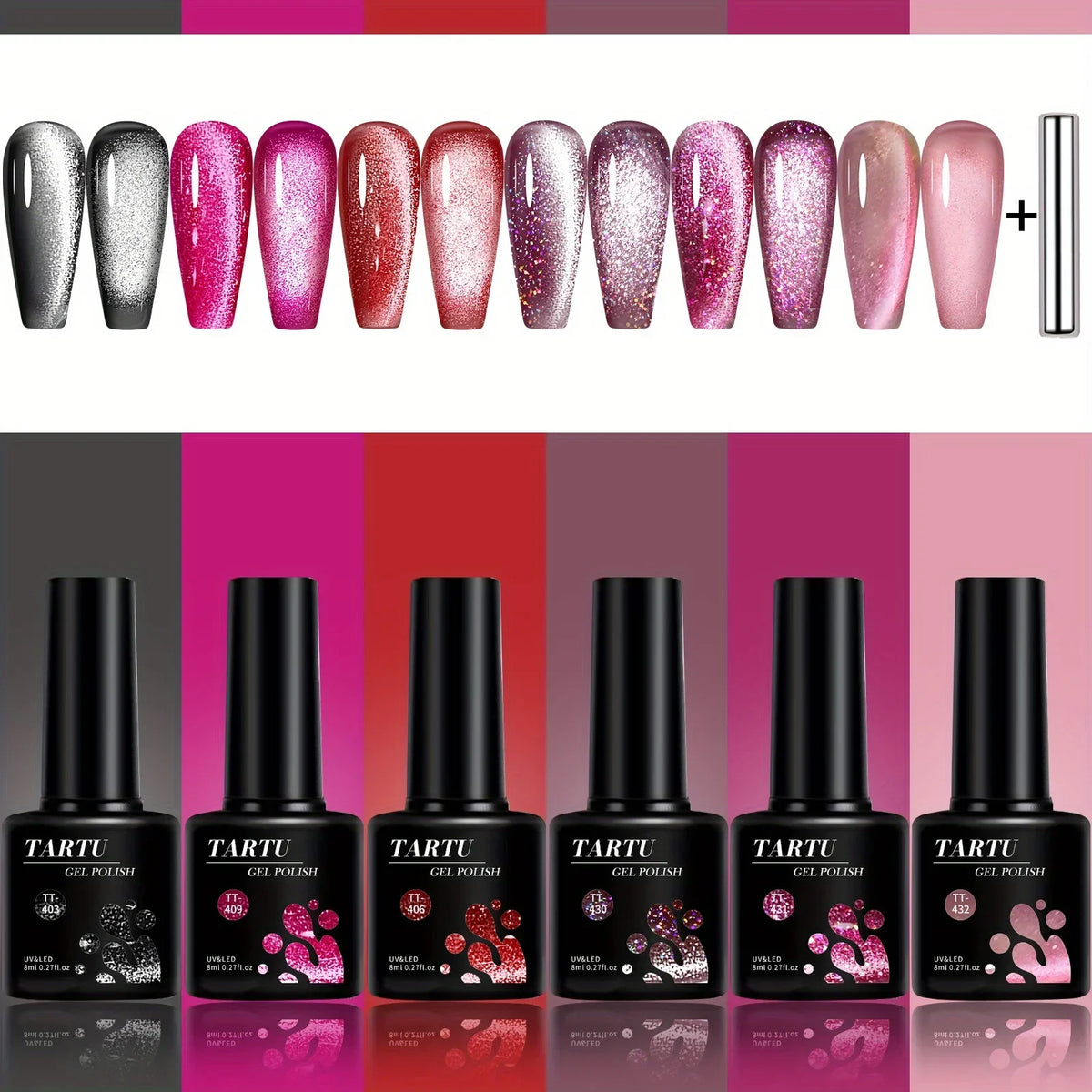 TARTU 6pcs 8ml Cat Eye Gel Nail Polish Set, 6 Colors Gel Polish Kit, Soak Off for Uv/Led, for Salon and Nail Art DIY At Home Blushimmer