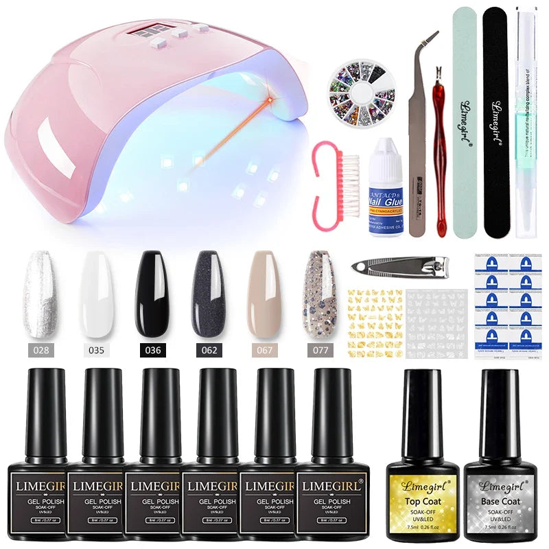 Limegirl Nail Set Nail Gel Tools Kit 54W Nail Lamp 18/12/7 Colors UV Gel Nail Polish Kit Contains Nail Drill Machine Nail Kit Blushimmer