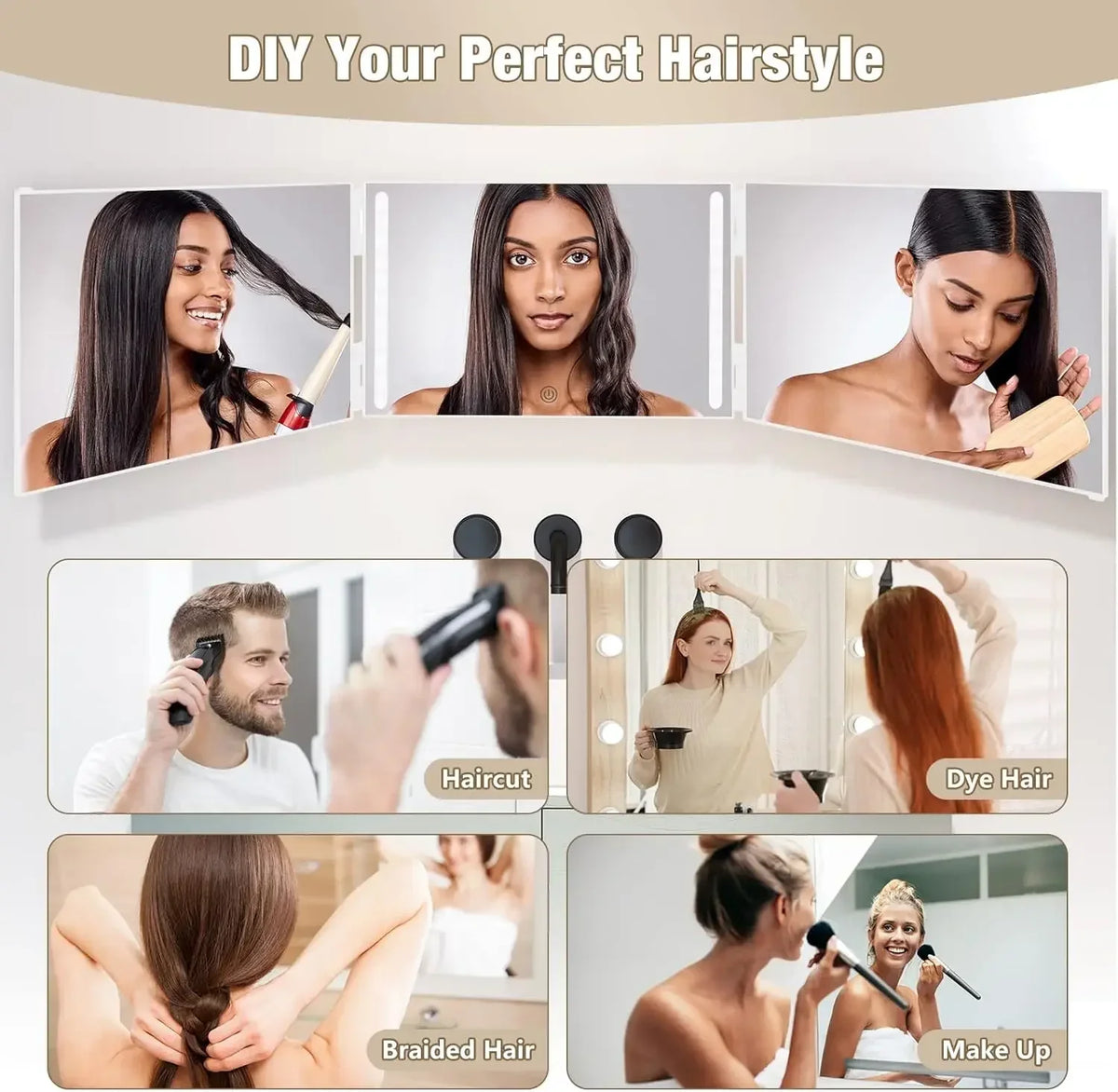 3 Way LED Makeup Mirror for Self Hair Cutting Rechargeable 360° DIY Self Haircut Mirror with Lights and Height Adjustable Hooks Blushimmer