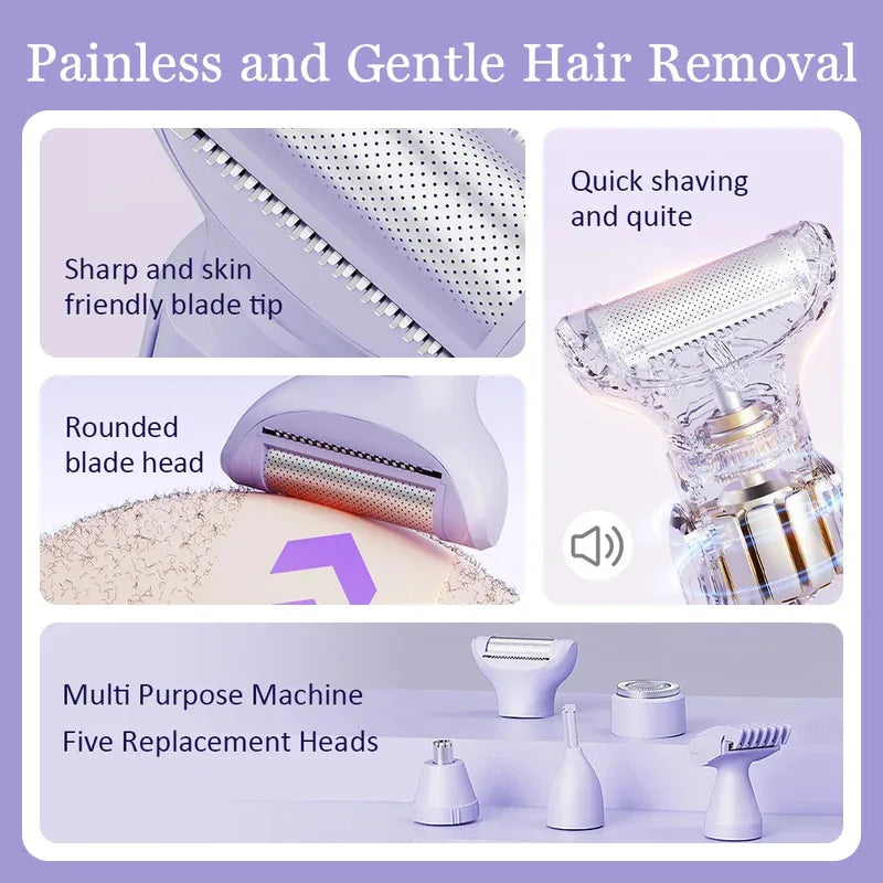 5 in 1 Electric Razor for Women Shaver Lady Shaver Body Hair Trimmer for Armpit Bikini Arm Leg Face Mustache Portable Painless Noventix