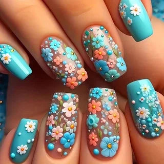 24pcs/set Medium long fake nails for women Spring summer flowers butterfly bee design faux ongles tips press on false nail art Blushimmer