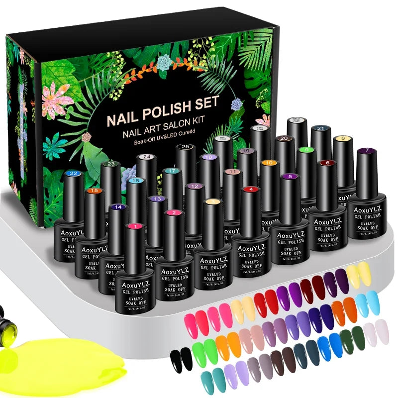 28Pcs/Set Gel Nail Polish Set Glass bottle Soak Off UV Gel Varnish Red Pink Colorful Gel Polish Matte Top Base Coat Nail Gel Kit Blushimmer