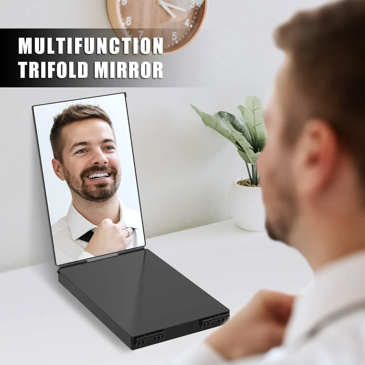 3 Way Compact Mirror for Self Hair Cutting Portable Trifold Cosmetic Mirror Makeup Vanity Mirror for Men and Women Folding Black Blushimmer