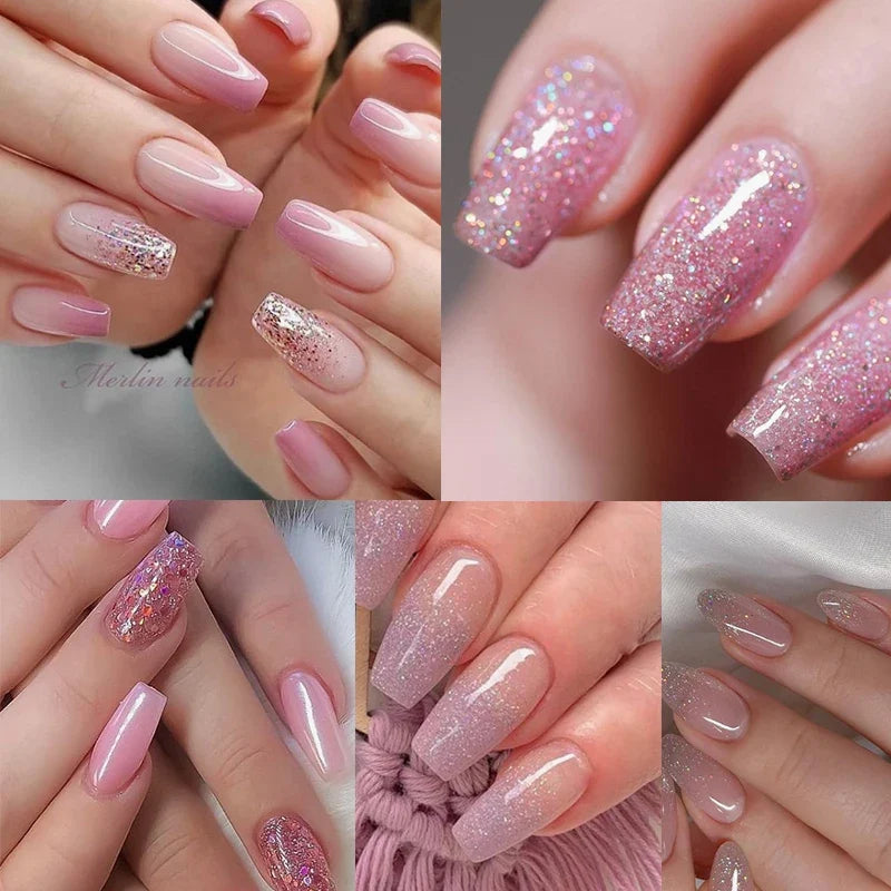 Mtssii 6PCS/Set Pink Glitter Gel Nail Polish Set Sequins Semi Permanent Base Matte Top Coat Soak Off LED UV Nail Art Gel Varnish Blushimmer
