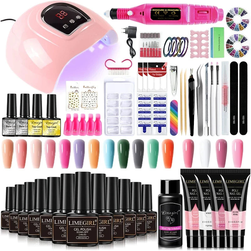 Limegirl Nail Set Nail Gel Tools Kit 54W Nail Lamp 18/12/7 Colors UV Gel Nail Polish Kit Contains Nail Drill Machine Nail Kit Blushimmer