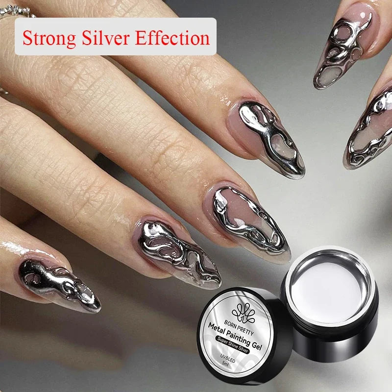BORN PRETTY 5ml Metallic Painting Gel Polish Strong Silver Effection Nail Art Soak Off Gel Nail Polish Silver Mirror Gel Blushimmer