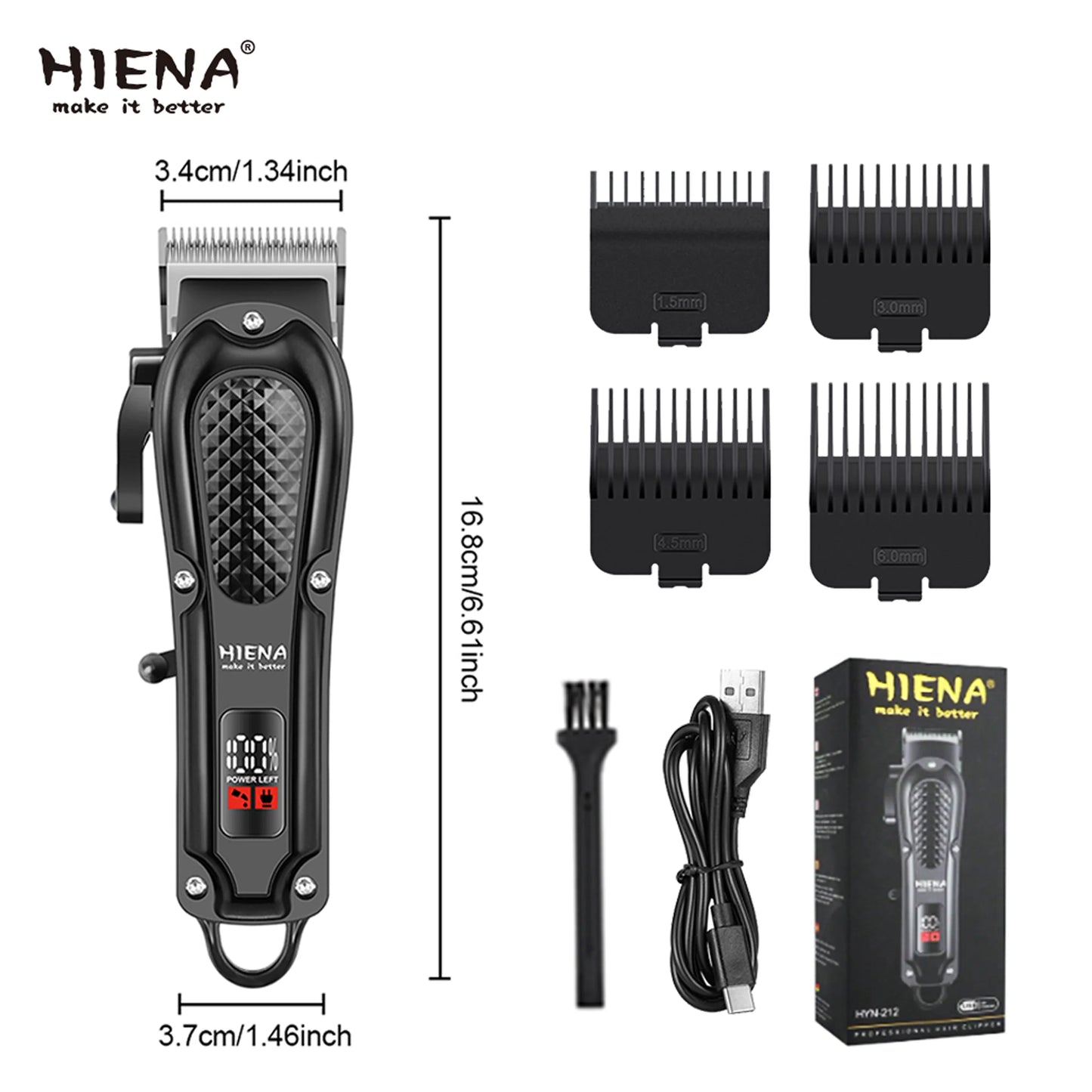 hiena Hair Clipper Professional Hair Cutting Machine Adjustable Hair Trimmer Electric 9000 RPM Barber LED Clipper for Men Noventix