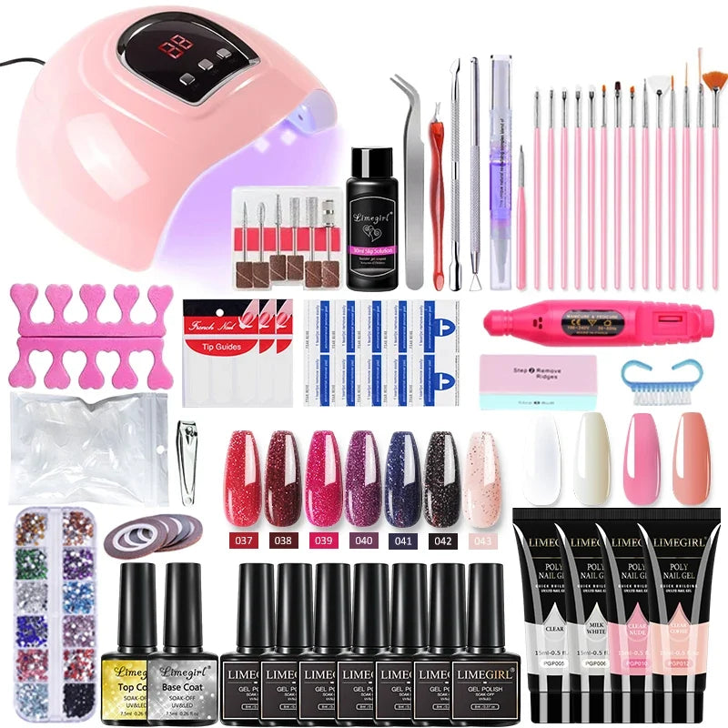 Limegirl Nail Set Nail Gel Tools Kit 54W Nail Lamp 18/12/7 Colors UV Gel Nail Polish Kit Contains Nail Drill Machine Nail Kit Blushimmer
