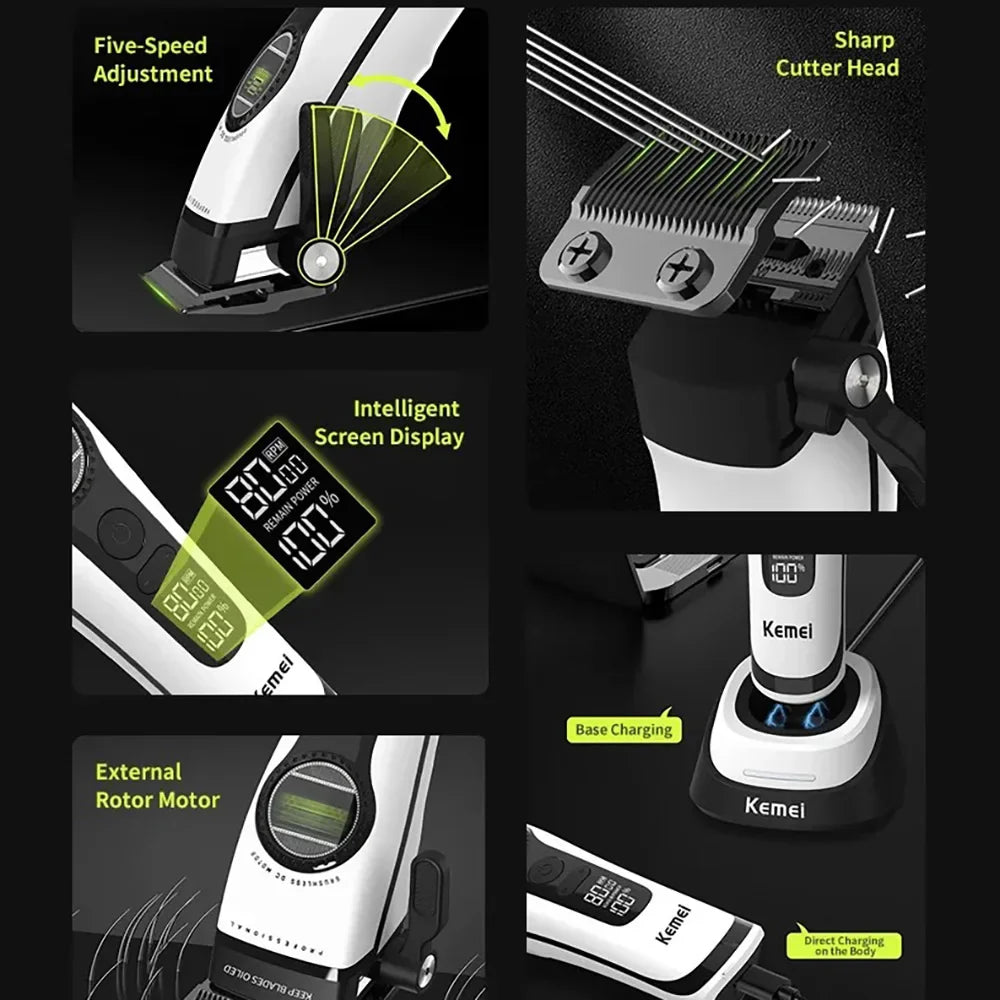 Kemei 1593 Barber Professional Hair Clipper Rechargeable Trimmer Electric Hair Cutting Machine External Rotor Brushless Motor Noventix