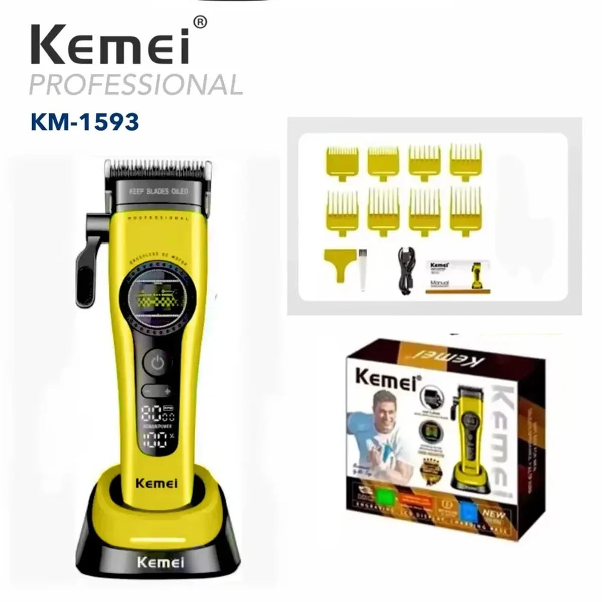 Kemei 1593 Barber Professional Hair Clipper Rechargeable Trimmer Electric Hair Cutting Machine External Rotor Brushless Motor Noventix