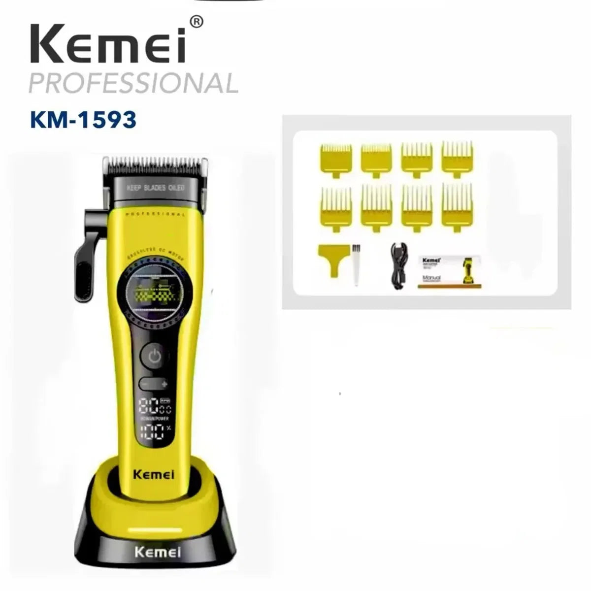 Kemei 1593 Barber Professional Hair Clipper Rechargeable Trimmer Electric Hair Cutting Machine External Rotor Brushless Motor Noventix