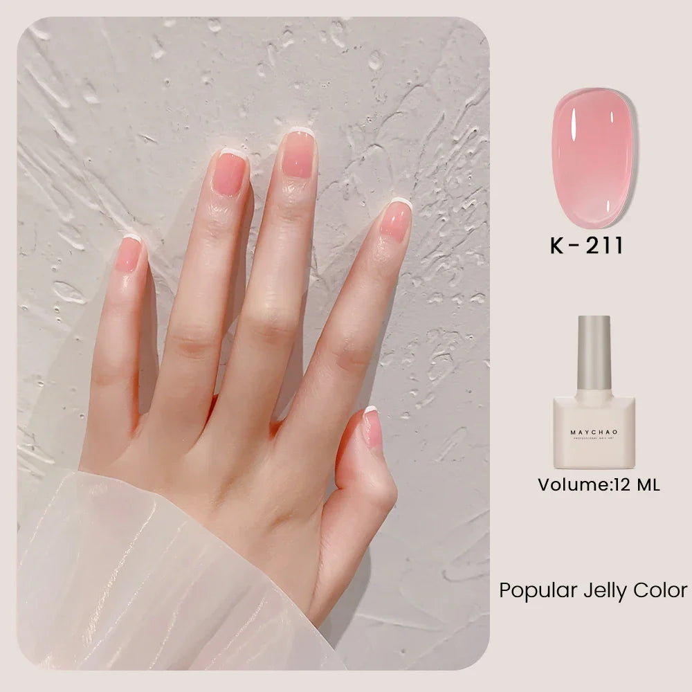 MAYCHAO 12ml Jelly Gel Nail Polish Semi Permanent Top Coat Soak Off UV LED Gel Art Nail Varnish Manicure Long Lasting Nail Gel Blushimmer