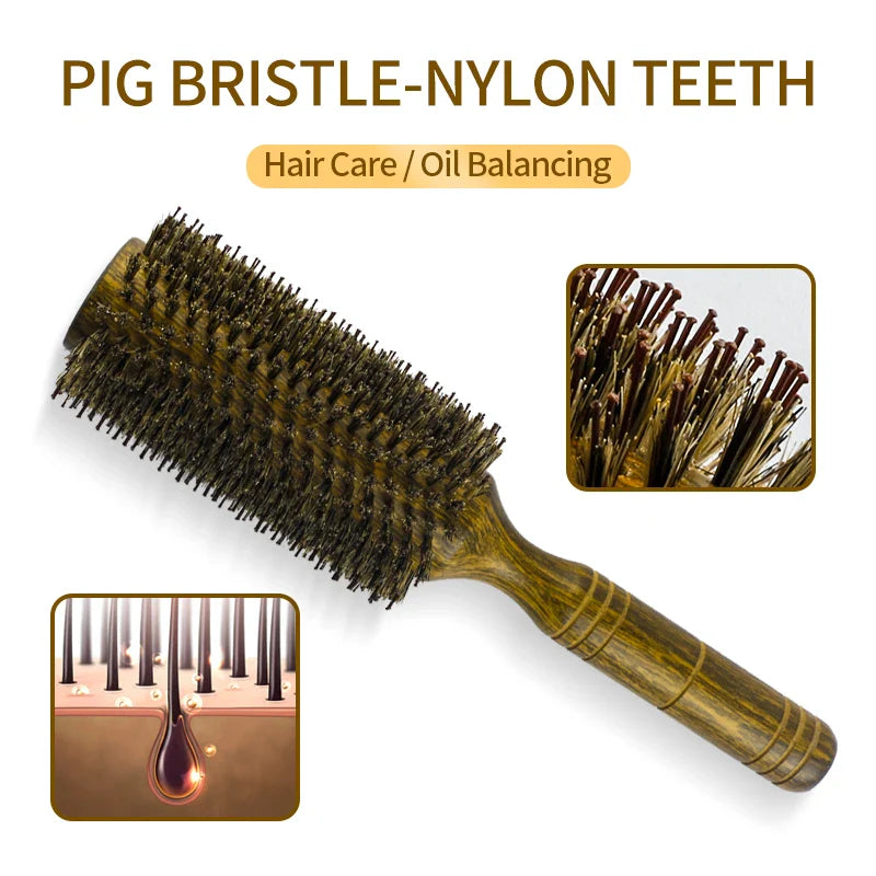 Professional Boar Bristle Round Hair Brush for Women and Men Hair Styling Comb Salon Hairdressing Hairdresser Wood Round Brush WTN Essentials