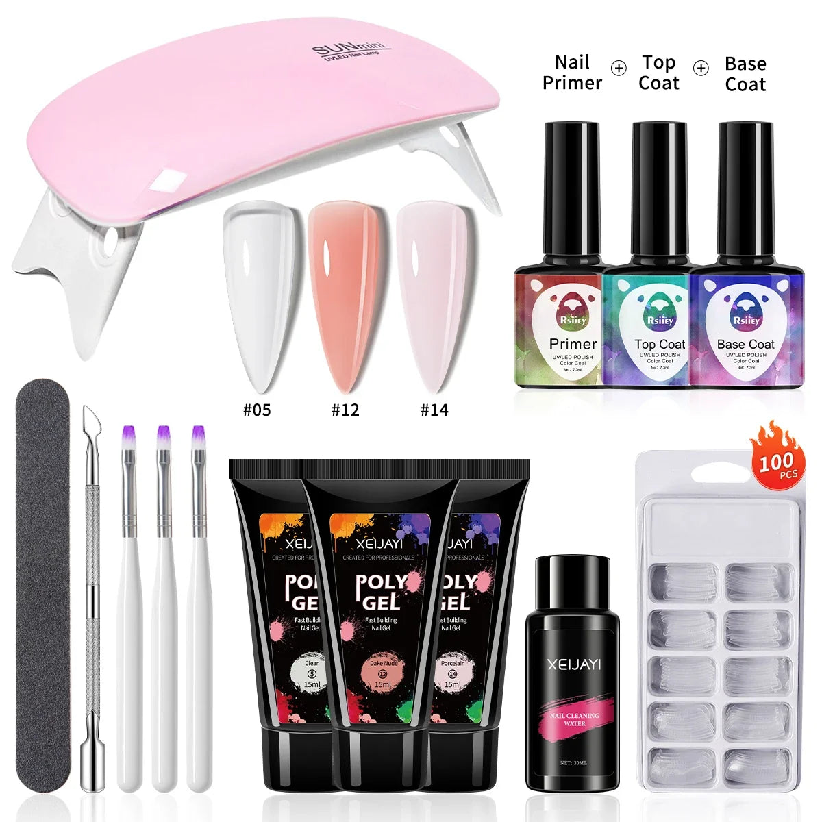 3pcs 15ml Poly Nail Gel Full Set For Extention Gel Polish Steal Push, Base And Top Coat, Cleaning Water And Nail Mold Kit Set Blushimmer