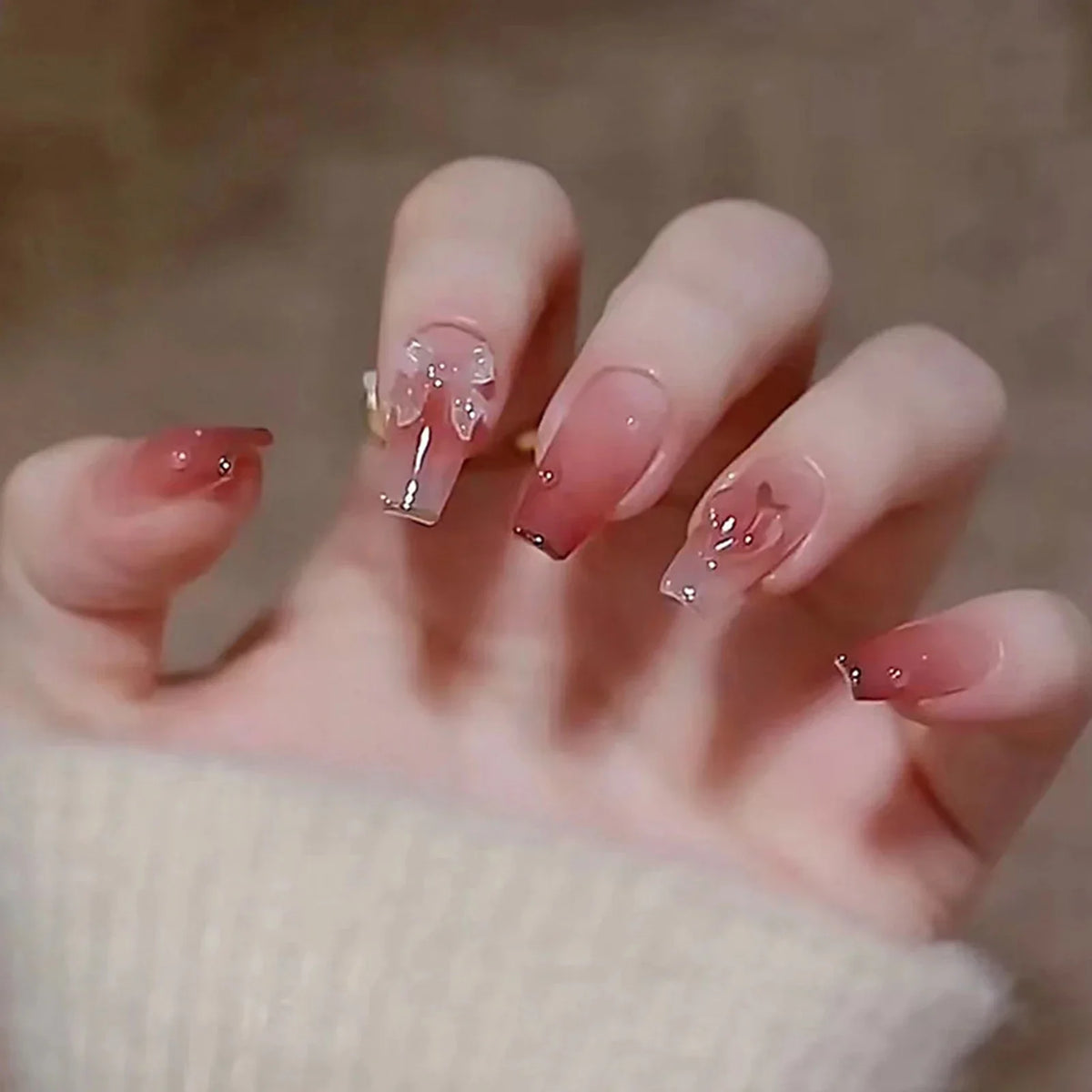 24pcs Chromic Heart Peach Bowknot 3D False Nails Gradient Pink Color Changing Press On Nails Sweet Pink for Women Girls Blushimmer