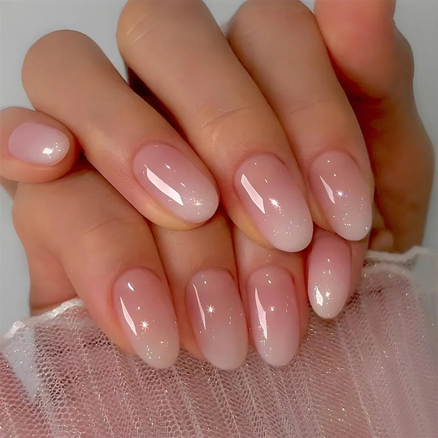 24Pcs Oval Short Pink Press on Nails Simple Ombre Spring False Nail for Sweet Sassy Cool Women&Girl Removable Wearable Nail Art Blushimmer