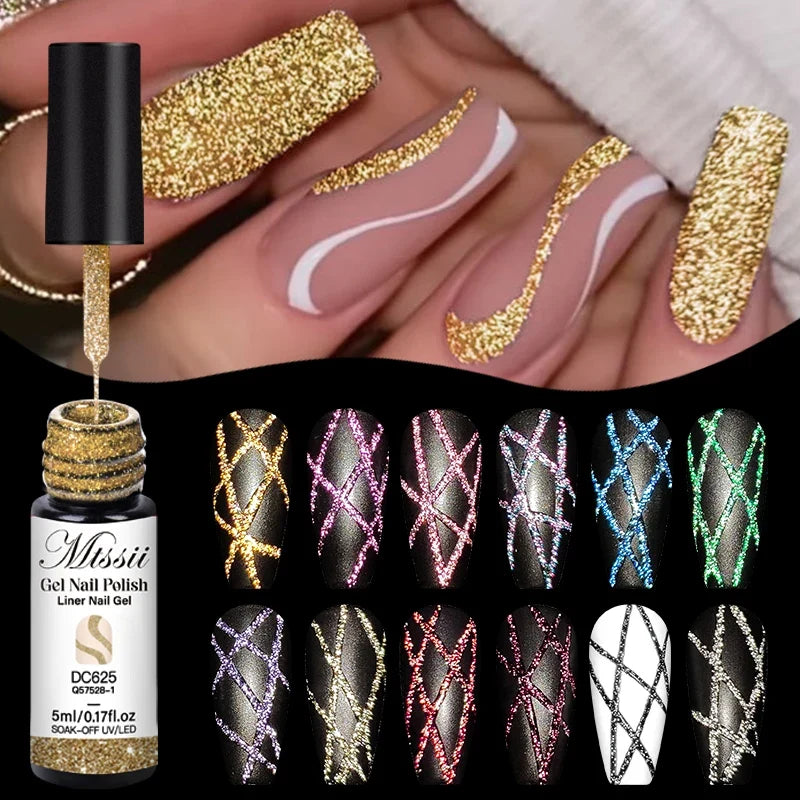 2/4/6pcs Reflective Glitter Liner Gel Nail Polish Set Pull Line Graffiti Painting Stripe DIY French Nails Design Painting Gel Blushimmer