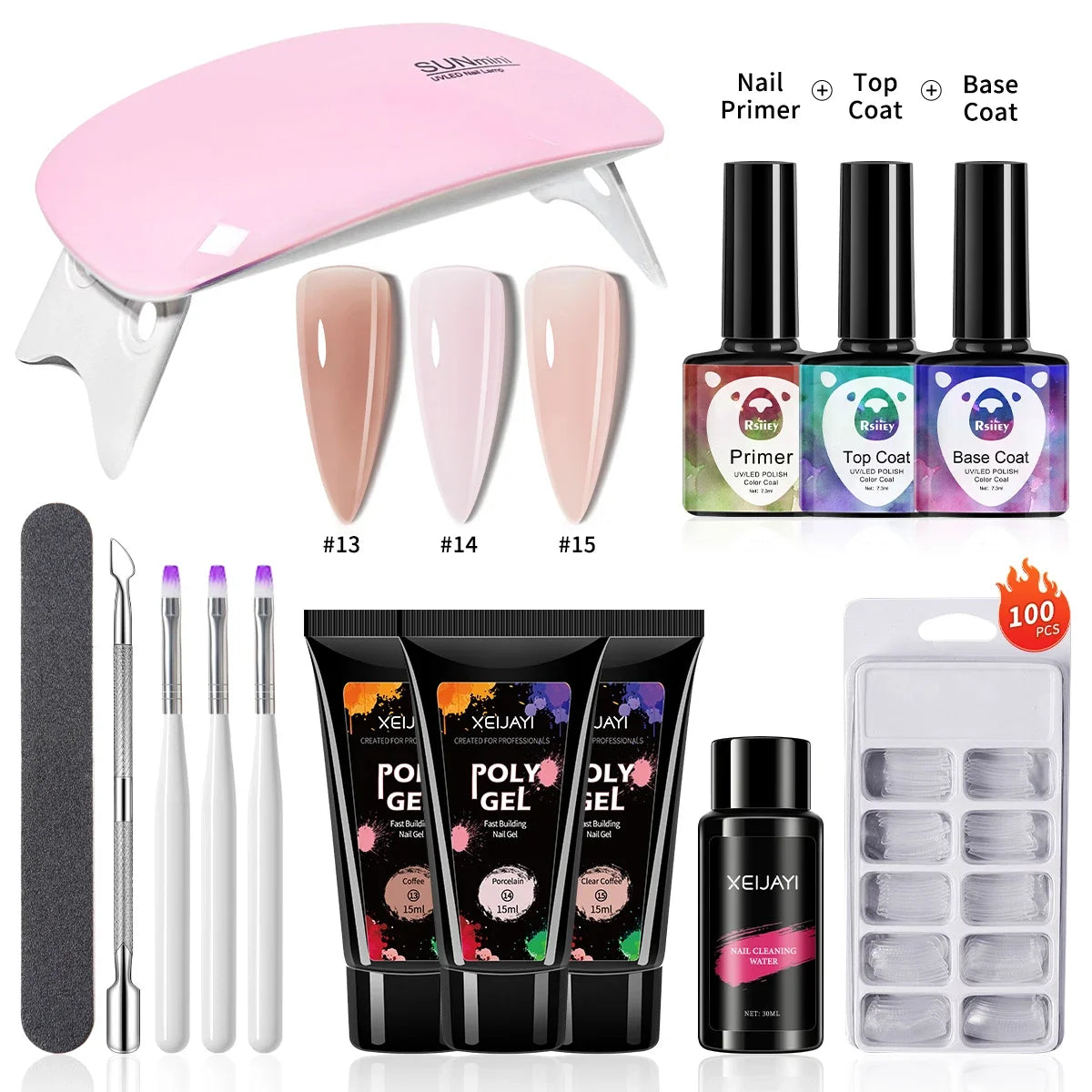 3pcs 15ml Poly Nail Gel Full Set For Extention Gel Polish Steal Push, Base And Top Coat, Cleaning Water And Nail Mold Kit Set Blushimmer