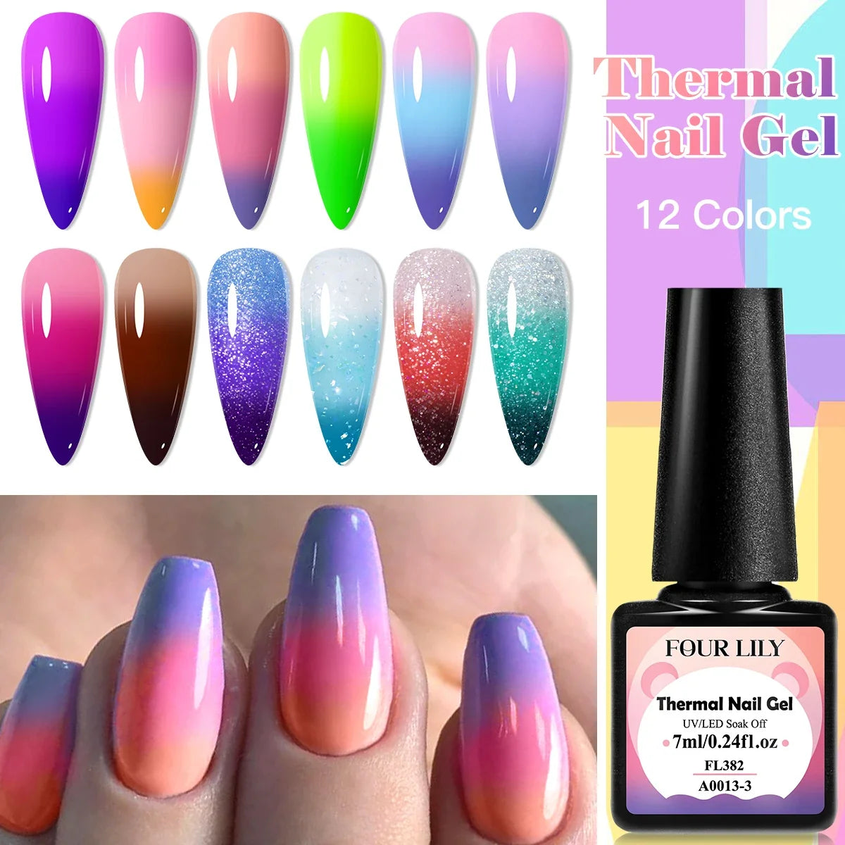 FOUR LILY 7ml Thermal Nail Gel Polish 3 Colors Changing Semi Permanent Soak Off UV/LED Nail Supplies Gel for Manicure Design Blushimmer
