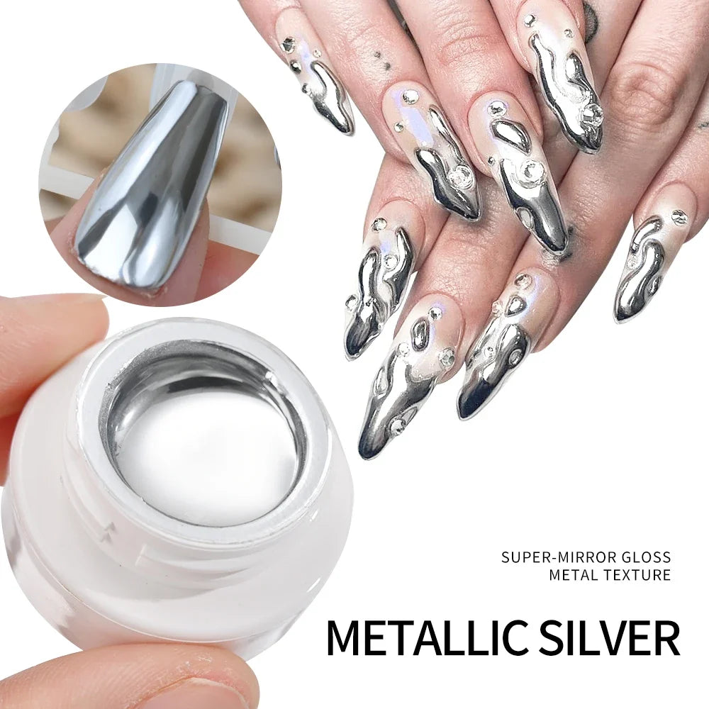 MingLee Silver Metal Gel Metallic Nail Polish Chrome 3D Metal Painted Gel Polish 5ml Liquid Mirror Effect Glossy Shine Manicure Blushimmer