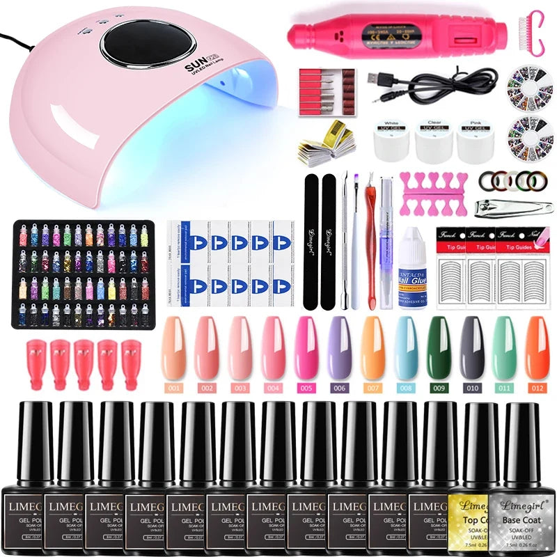 Limegirl Nail Set Nail Gel Tools Kit 54W Nail Lamp 18/12/7 Colors UV Gel Nail Polish Kit Contains Nail Drill Machine Nail Kit Blushimmer