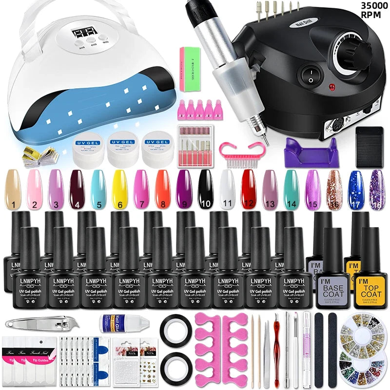 Professional Nail Gel Set, Manicure Tools Kit And Nail Lamp 18 Colors Varnish UV Gel Nail Polish Kit Contains Nail Drill Machine Blushimmer