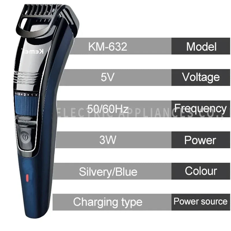 Kemei 632 0.5-10mm Adjustable Beard Hair Trimmer for Men Face Hair Cutting Machine Rechargeable Mustache Stubble Hair Clipper Noventix