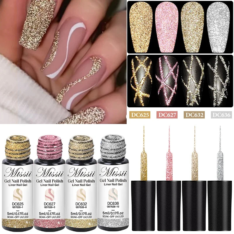2/4/6pcs Reflective Glitter Liner Gel Nail Polish Set Pull Line Graffiti Painting Stripe DIY French Nails Design Painting Gel Blushimmer