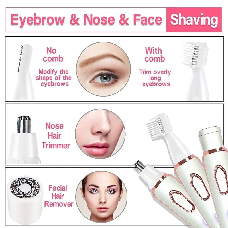 4 in 1 Electric Epilator Bikini Eyebrow Nose Women Lady Facial Hair Removal Trimmer Face Body Painless Female Shaver Depilator Noventix