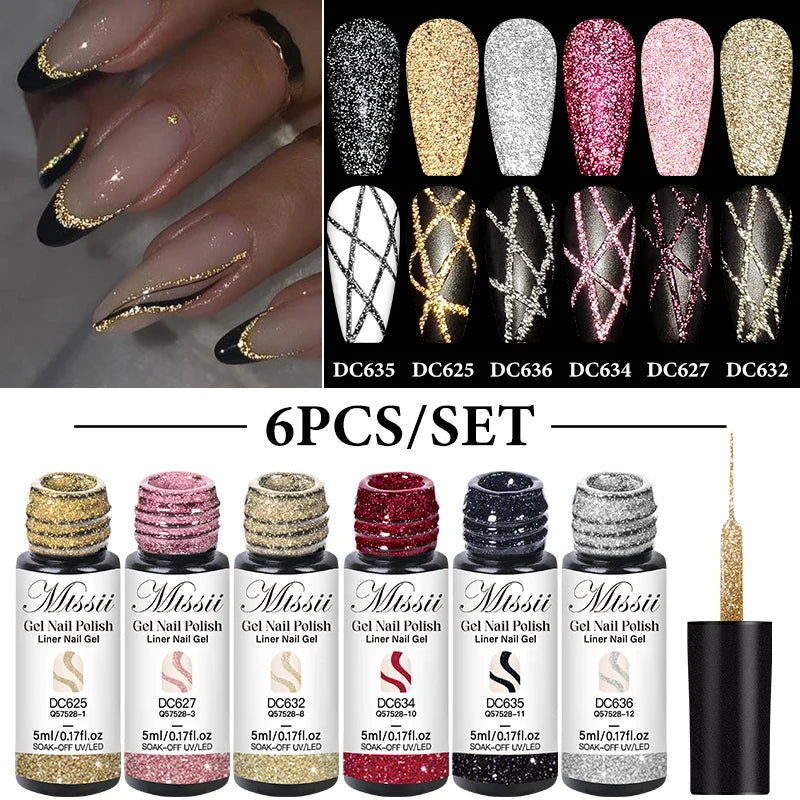 2/4/6pcs Reflective Glitter Liner Gel Nail Polish Set Pull Line Graffiti Painting Stripe DIY French Nails Design Painting Gel Blushimmer