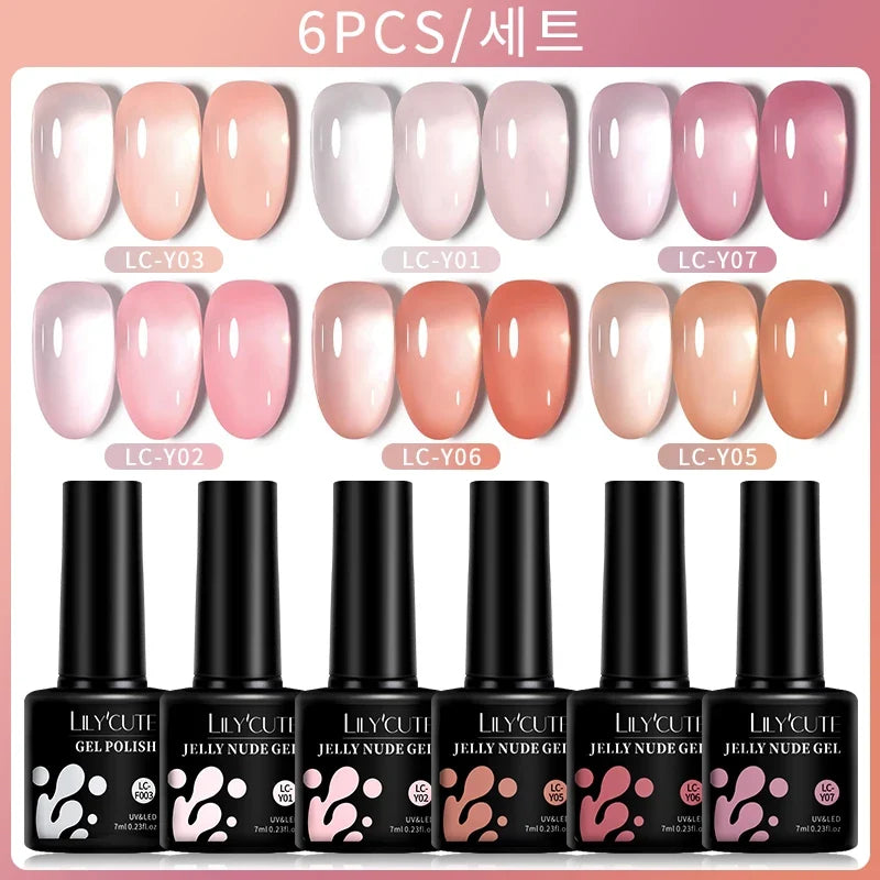LILYCUTE 6PCS/SET 7ml Jelly Pink Nude Translucent Gel Nail Polish Set Semi Permanent Soak Off Nail Art Manicure Gel Set Blushimmer