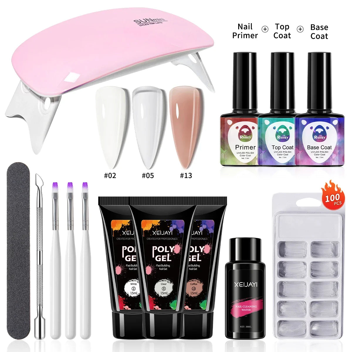3pcs 15ml Poly Nail Gel Full Set For Extention Gel Polish Steal Push, Base And Top Coat, Cleaning Water And Nail Mold Kit Set Blushimmer