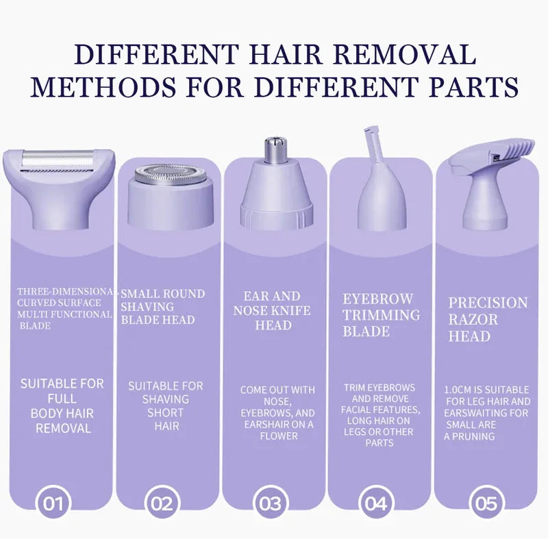 5 in 1 Electric Razor for Women Shaver Lady Shaver Body Hair Trimmer for Armpit Bikini Arm Leg Face Mustache Portable Painless Noventix