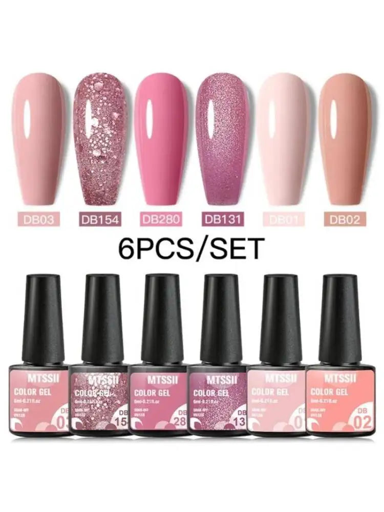 Mtssii 6PCS/Set Pink Glitter Gel Nail Polish Set Sequins Semi Permanent Base Matte Top Coat Soak Off LED UV Nail Art Gel Varnish Blushimmer