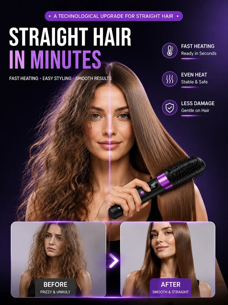 Electric Hair Straightener Brush Rechargeable Ceramic Styling Comb with Temperature Display for Women Daily Care FLIPSTYLEZLLC