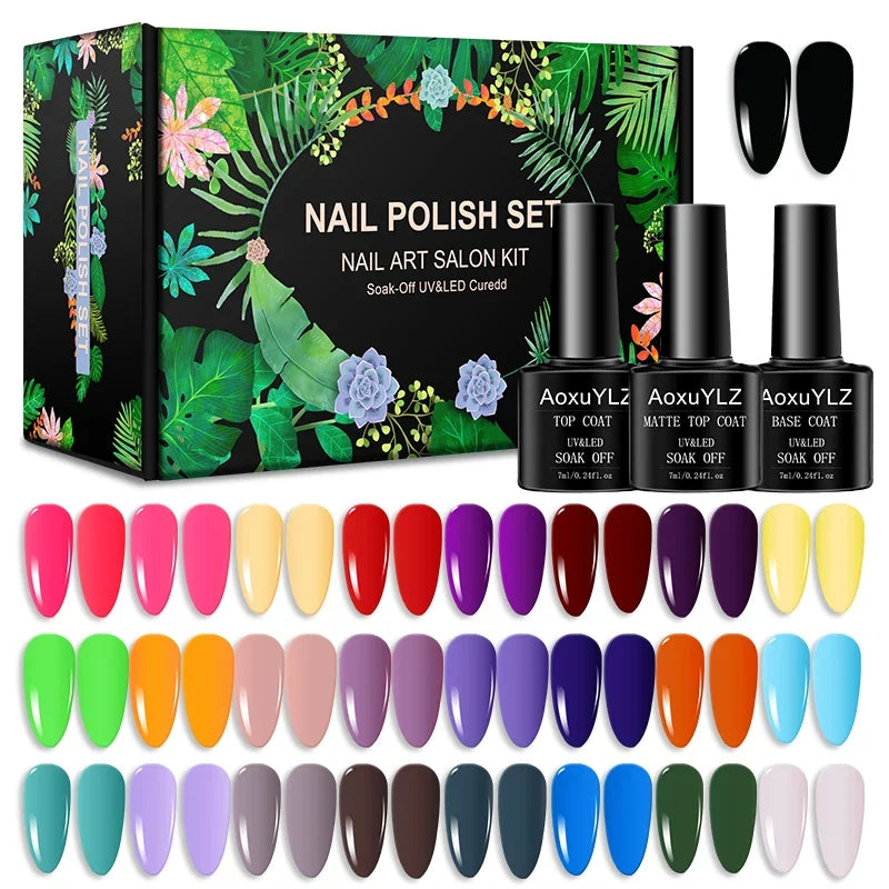 28Pcs/Set Gel Nail Polish Set Glass bottle Soak Off UV Gel Varnish Red Pink Colorful Gel Polish Matte Top Base Coat Nail Gel Kit Blushimmer