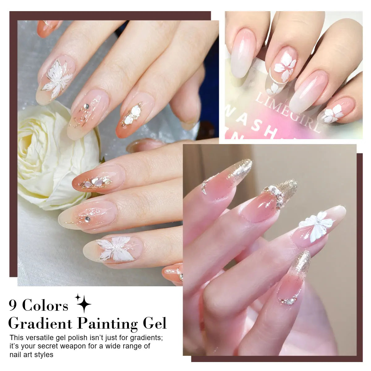 LIMEGIRL 9 Color Gradient Painting Gel Nail Art Gradient Color DIY Design Gel Quick Flower Paint Engraving Gel Nail Polish Blushimmer