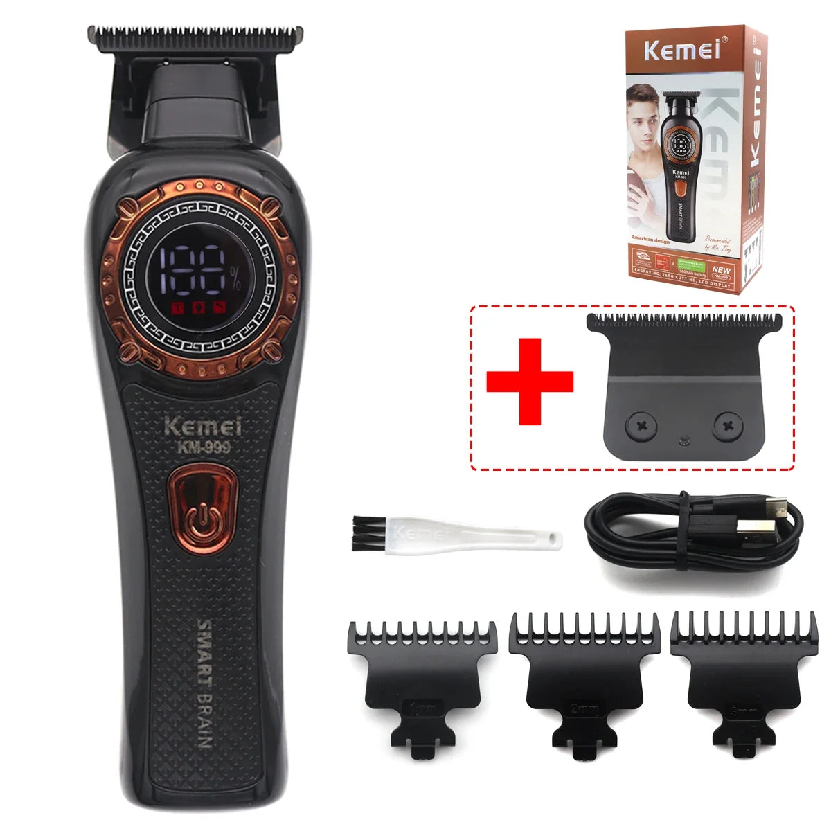 Kemei DLC T-Blade Zero Gapped LED Display Cordless USB Professional Hair Clipper Finishing Machine KM-999 Hair Trimmer for Men Noventix
