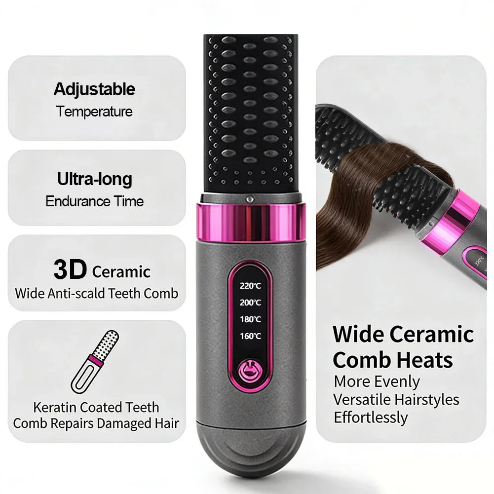 For Travel Beauty Hair Tool Wireless Mini Hair Styler Portable Rechargeable Curling & Straightening Comb Temperature Adjustable Noventix