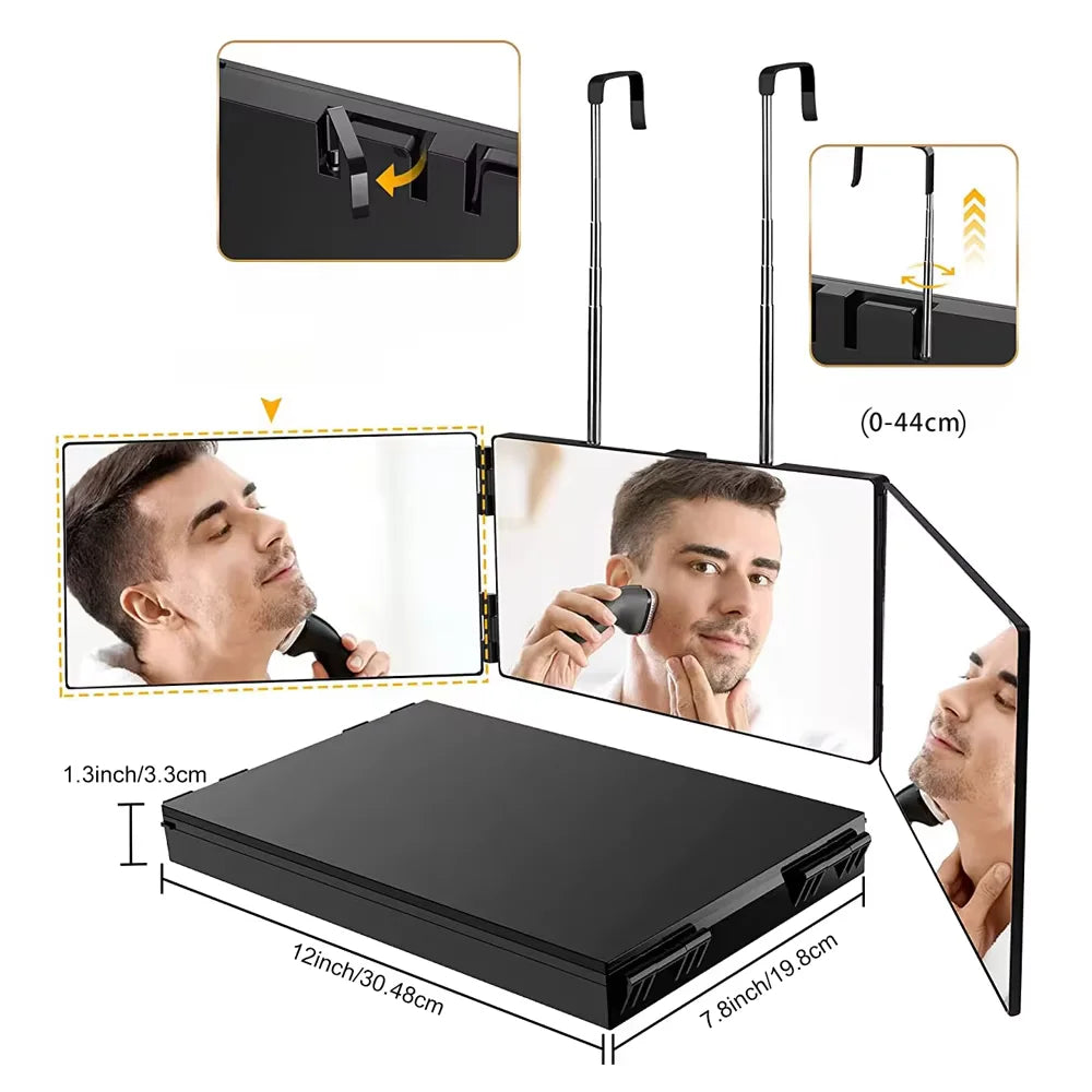 3 Way Compact Mirror for Self Hair Cutting Portable Trifold Cosmetic Mirror Makeup Vanity Mirror for Men and Women Folding Black Blushimmer