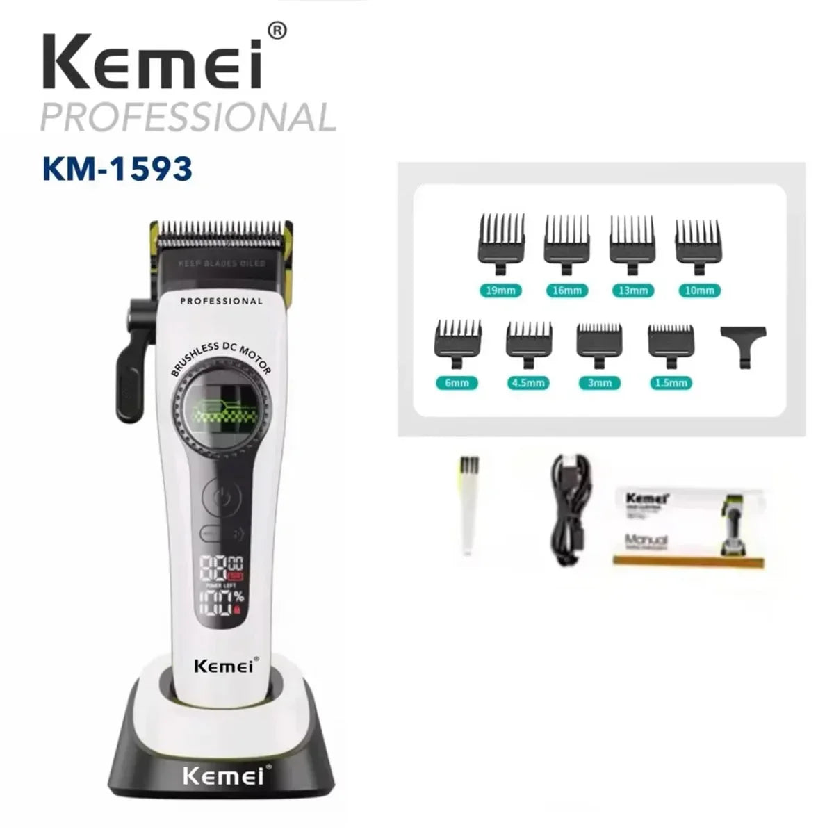 Kemei 1593 Barber Professional Hair Clipper Rechargeable Trimmer Electric Hair Cutting Machine External Rotor Brushless Motor Noventix
