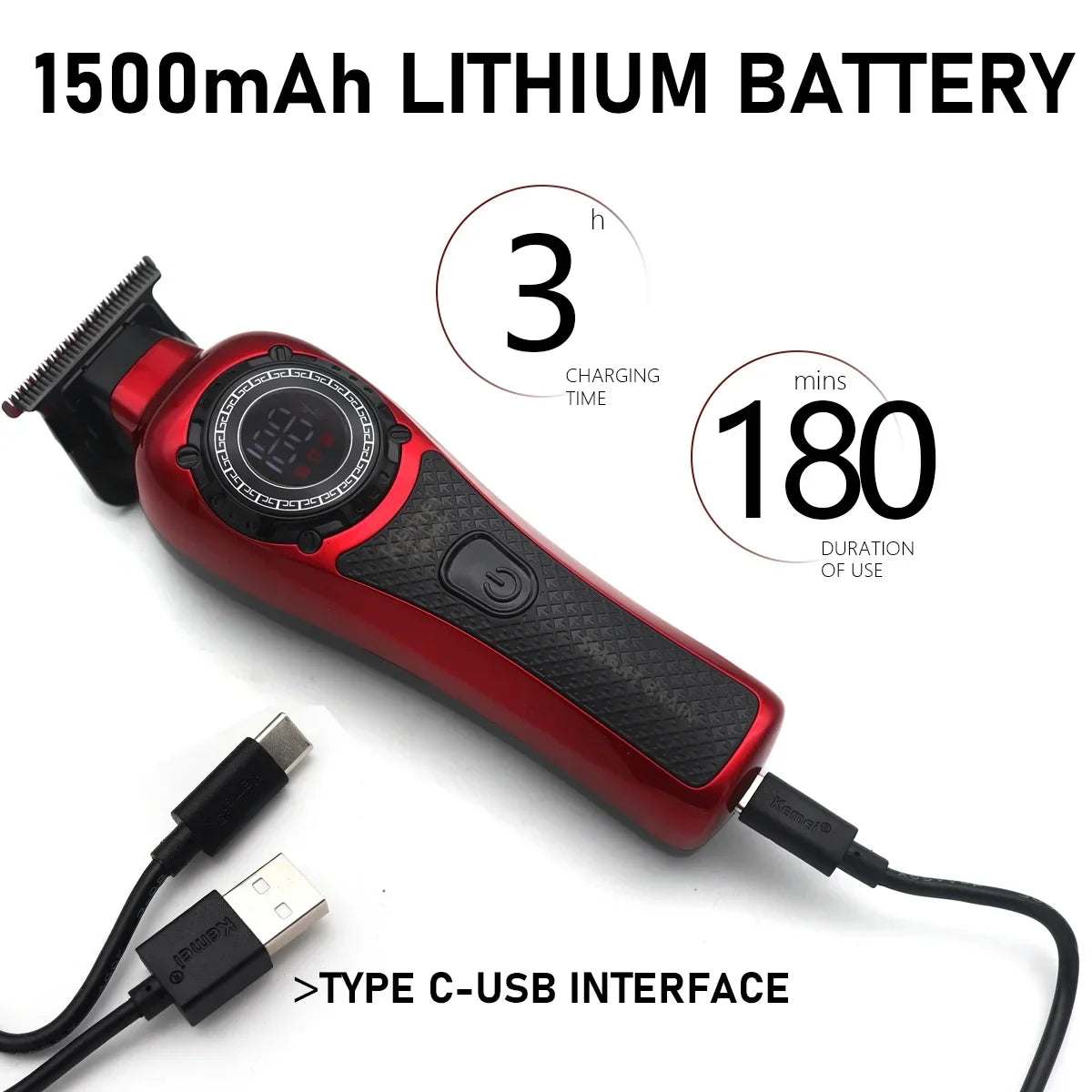Kemei DLC T-Blade Zero Gapped LED Display Cordless USB Professional Hair Clipper Finishing Machine KM-999 Hair Trimmer for Men Noventix