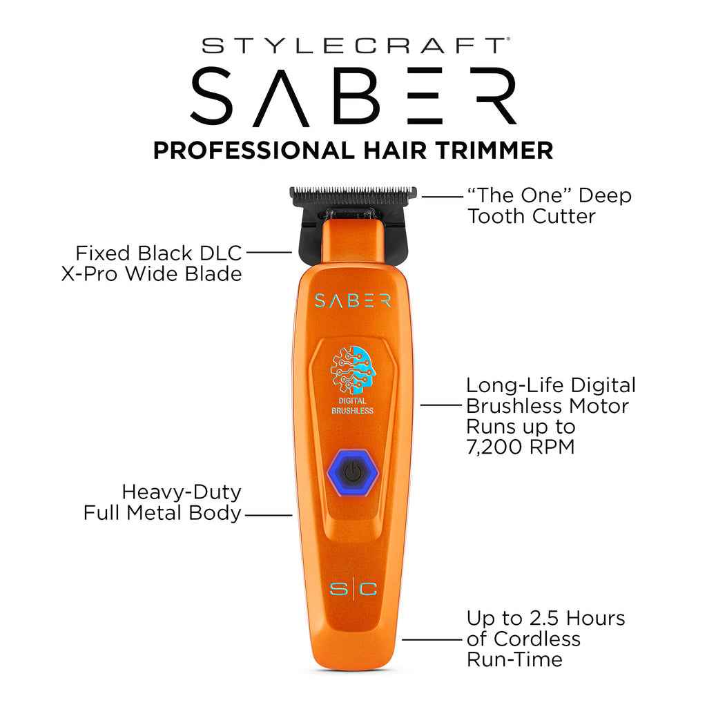 StyleCraft Saber Cordless Digital Brushless Motor Trimmer – Orange (SC421O) Certified Clippers