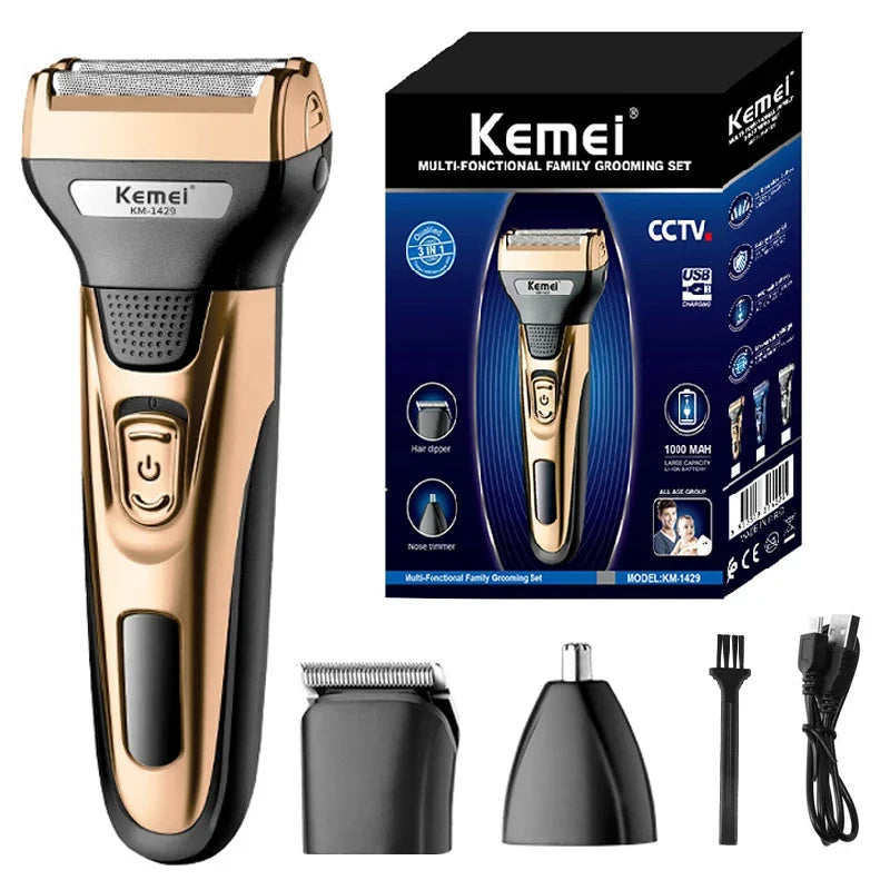 Kemei 3in1 Grooming Kit Electric Shaver For Men Beard Hair Trimmer Body Nose Ear Shaving Machine Face Razor Rechargeable Noventix