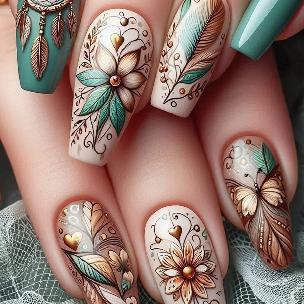 24pcs/set Medium long fake nails for women Spring summer flowers butterfly bee design faux ongles tips press on false nail art Blushimmer