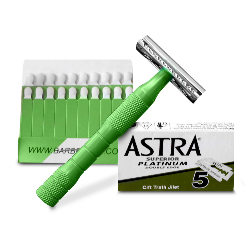 BarberUpp,Razor For Men, Long Handle (Brass) Safety Razor,Free Styptic Sticks,Astra Razor Blades Included, Single Blade Razor Perfect Addition To Your Safety Razor Kit. BarberUpp
