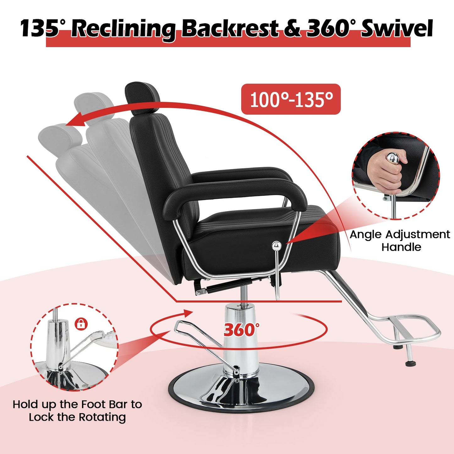 360 Degrees Swivel Salon Hydraulic Barber Chair with Adjustable Headrest and Reclining Backrest-Black DirectDeals