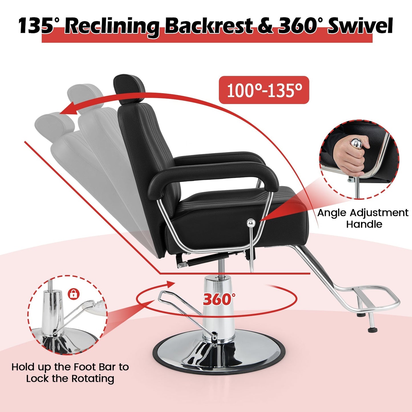 360 Degrees Swivel Salon Hydraulic Barber Chair with Adjustable Headrest and Reclining Backrest-Black LJGDeals