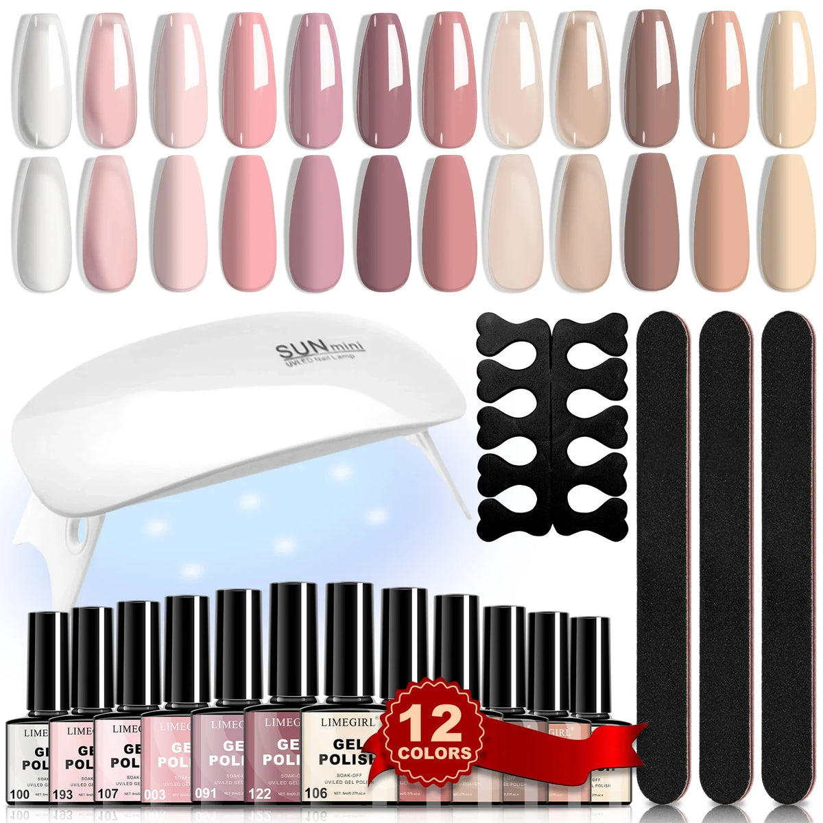 LIMEGIRL 12Pcs Gel Nail Polish Set 8ML Semi-Permanent Varn UV Nail Gel Art Manicure with Mini LED Lamp Gel Nail Polish Set Blushimmer