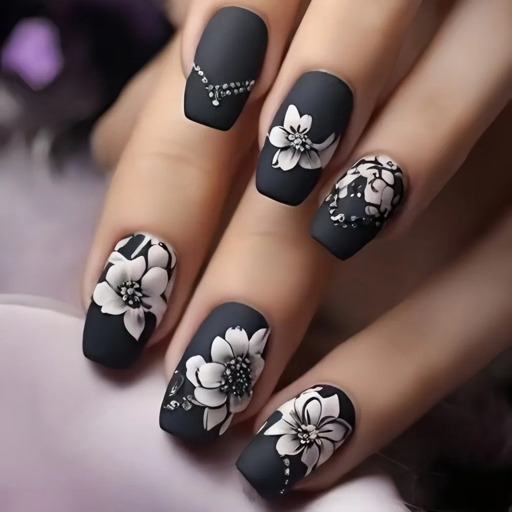 24pcs/set Medium long fake nails for women Spring summer flowers butterfly bee design faux ongles tips press on false nail art Blushimmer